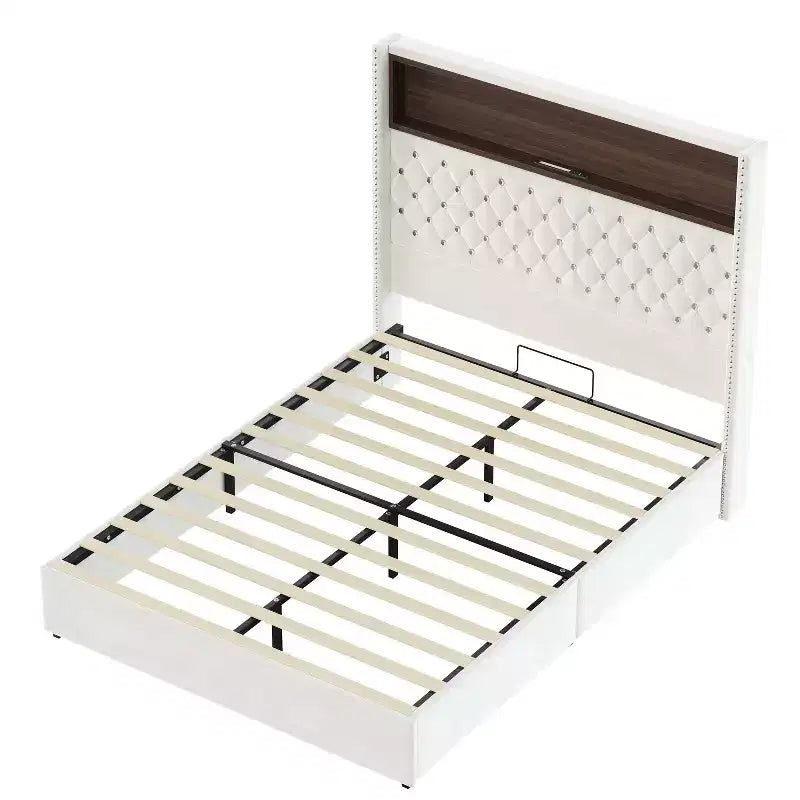 Cadre de lit en velours avec tête de lit capitonnée, étagères de rangement, ports USB et lumière LED