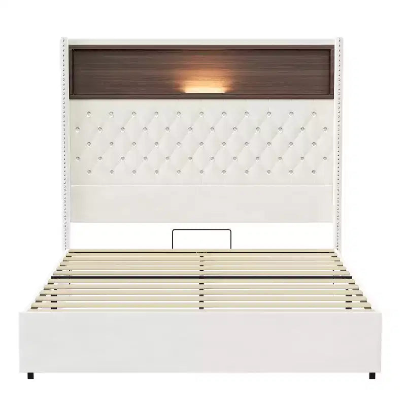Cadre de lit en velours avec tête de lit capitonnée, étagères de rangement, ports USB et lumière LED
