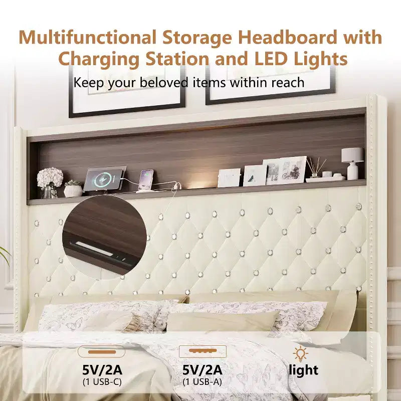 Cadre de lit en velours avec tête de lit capitonnée, étagères de rangement, ports USB et lumière LED