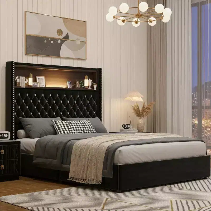 Cadre de lit en velours avec tête de lit capitonnée, étagères de rangement, ports USB et lumière LED