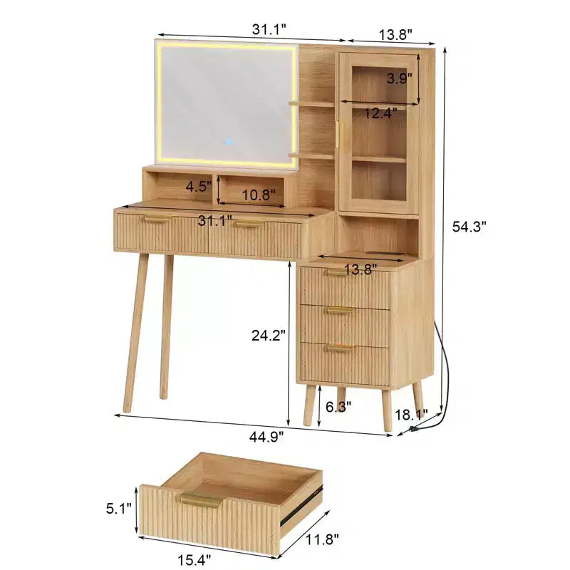 Coiffeuse moderne avec lumières, miroir HD éclairé de 61 cm, 5 tiroirs, prise de courant et ports USB, table de maquillage cannelée