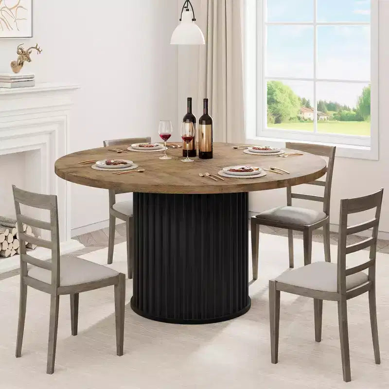 Table à manger ronde 47" pour 4-6 personnes, table de salle à manger avec piétement métallique ondulé robuste, table de cuisine ronde style ferme