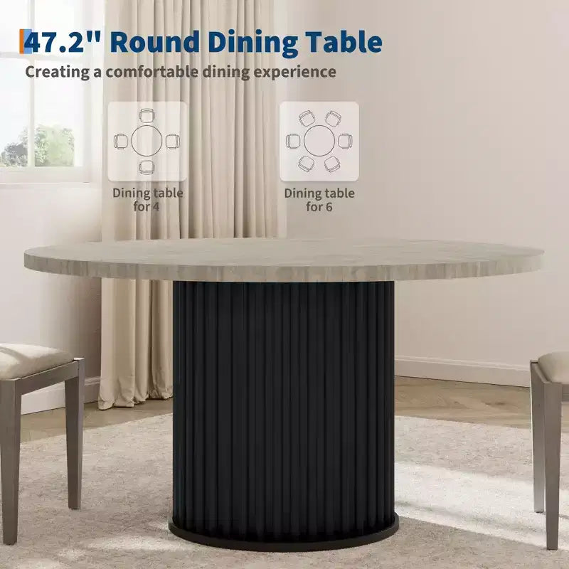 Table à manger ronde 47" pour 4-6 personnes, table de salle à manger avec piétement métallique ondulé robuste, table de cuisine ronde style ferme