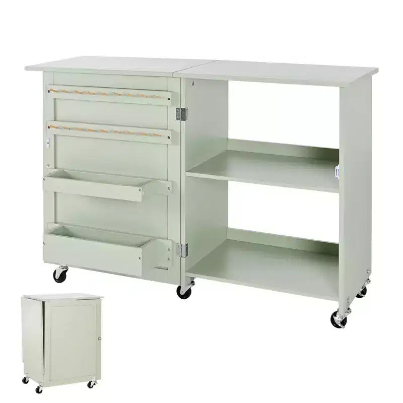 VEVOR Folding Sewing Table, Multipurpose Sewing Machine Table with Compact Design, Wheels, Wooden Pegs, Storage Trays and Shelf, Light Green