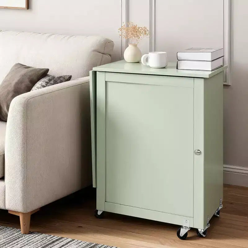 Table de couture pliable, Table pour machine à coudre multifonctionnelle avec design compact, roulettes, chevilles en bois, tiroirs de rangement et étagère, vert clair
