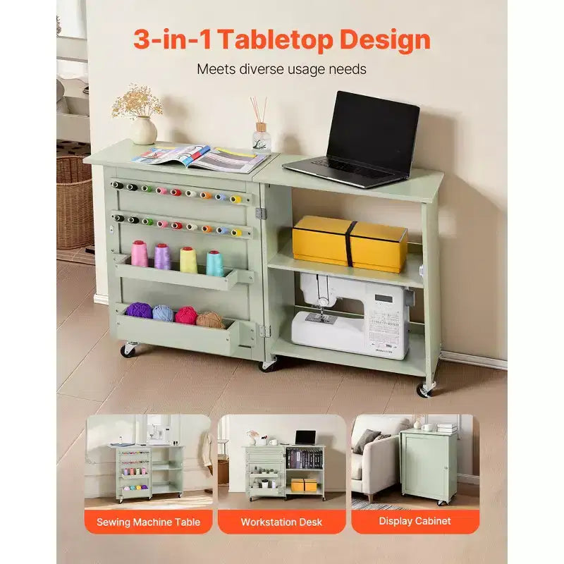 Table de couture pliable, Table pour machine à coudre multifonctionnelle avec design compact, roulettes, chevilles en bois, tiroirs de rangement et étagère, vert clair