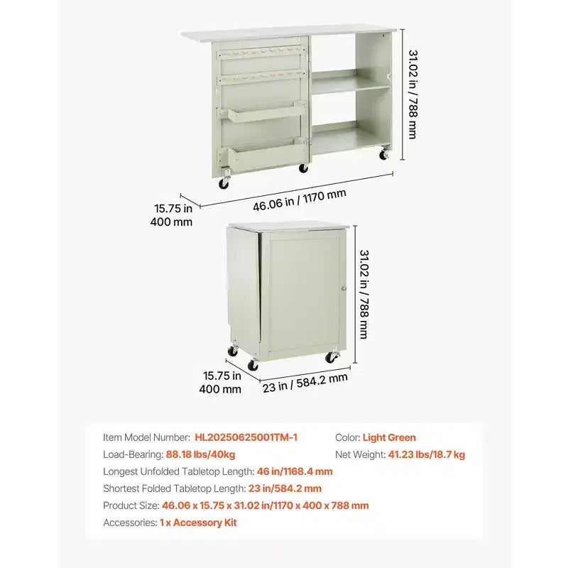Table de couture pliable, Table pour machine à coudre multifonctionnelle avec design compact, roulettes, chevilles en bois, tiroirs de rangement et étagère, vert clair