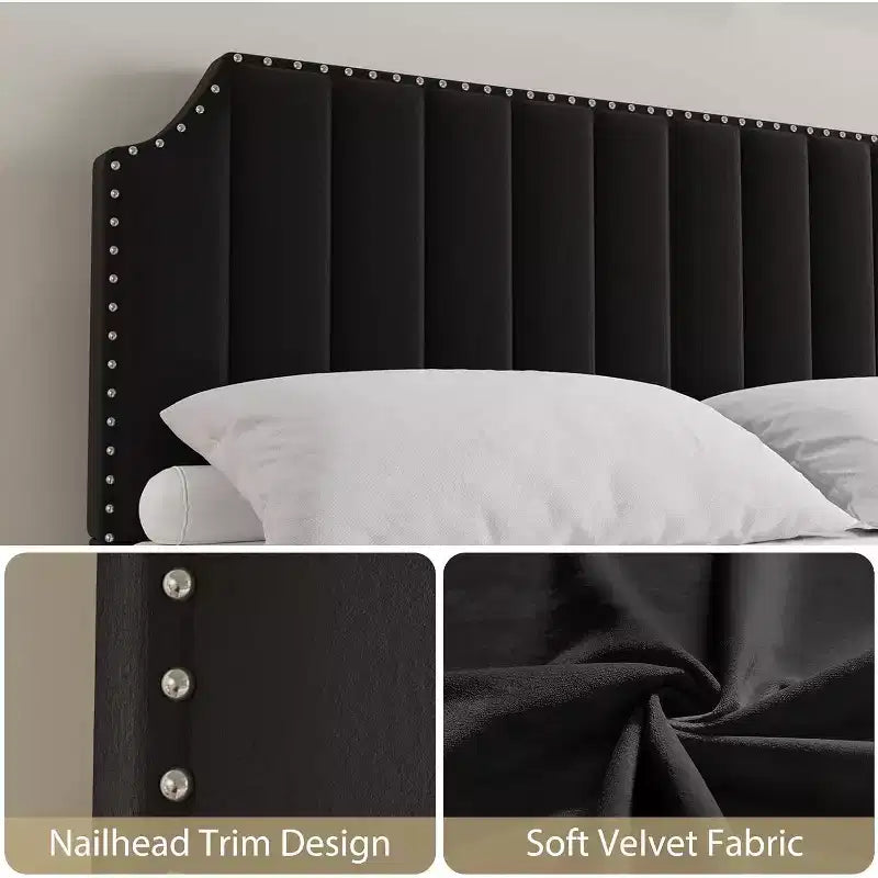 Cadre de lit, Cadre de lit plateforme en métal velours avec garniture cloutée, Tête de lit de 127,5 cm de hauteur, Pied de lit, Support à lattes en bois robuste, Silencieux, Noir