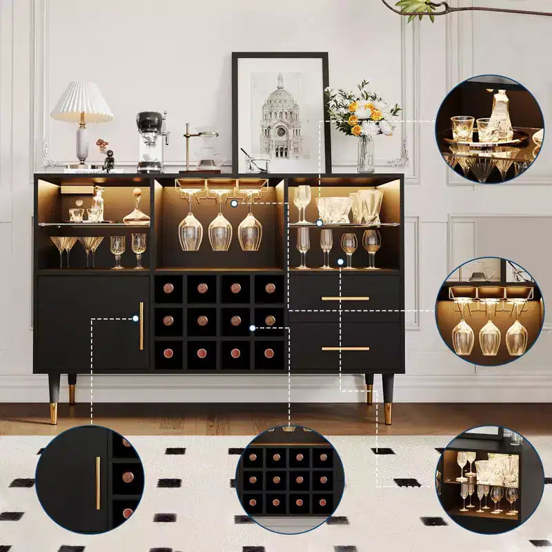47 Meuble de bar à café de style ferme, meuble de bar à vin autoportant avec casier à vin, buffet en bois, meuble à liqueurs moderne.