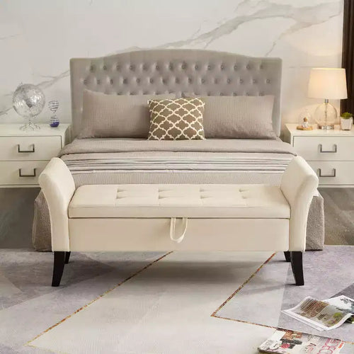 Banc de lit de 130,8 cm avec rangement, capitonné en velours, avec pieds en bois massif noirs, pour chambre/entrée
