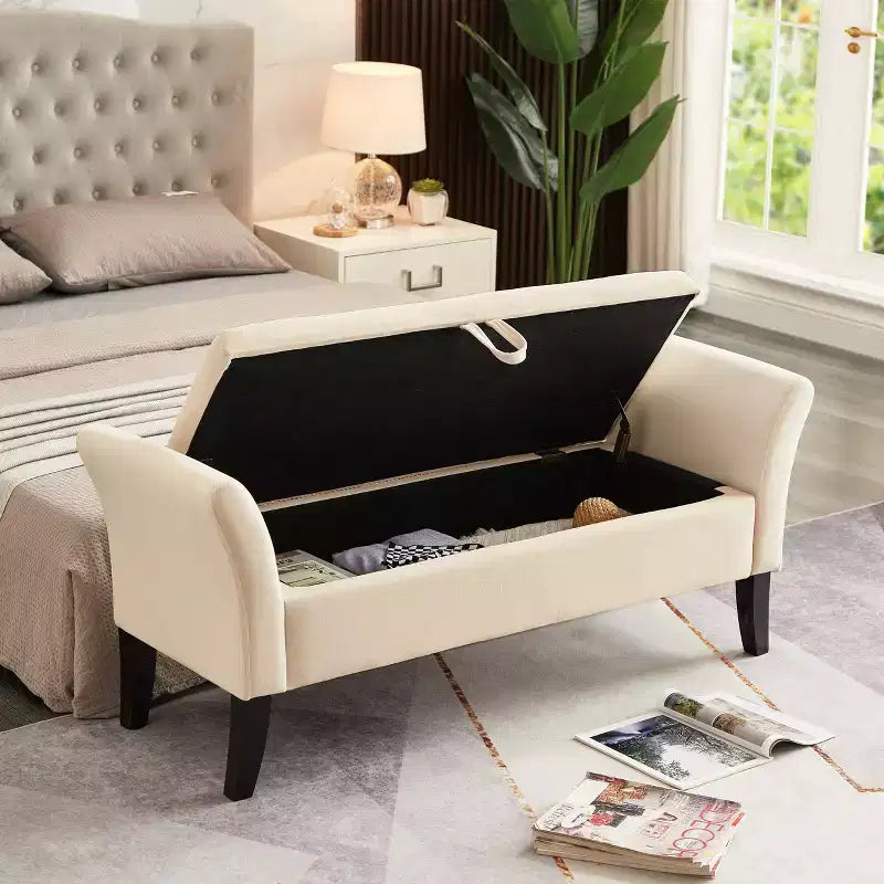 Banc de lit de 130,8 cm avec rangement, capitonné en velours, avec pieds en bois massif noirs, pour chambre/entrée