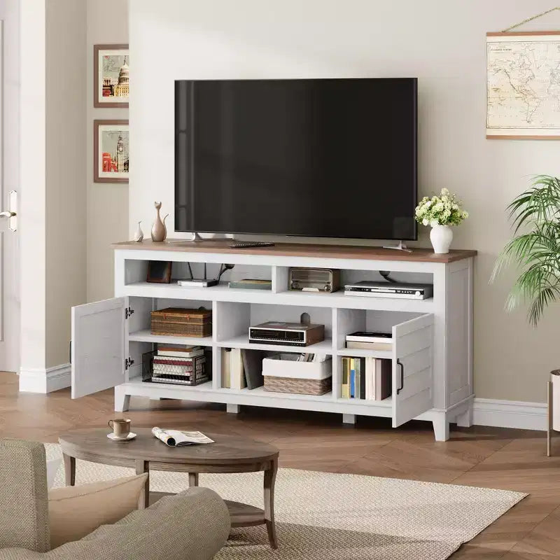 Meuble TV moderne pour téléviseur de 65 pouces, meuble à double porte semi-ouvert avec étagères réglables, meuble TV marron avec 8 compartiments de rangement