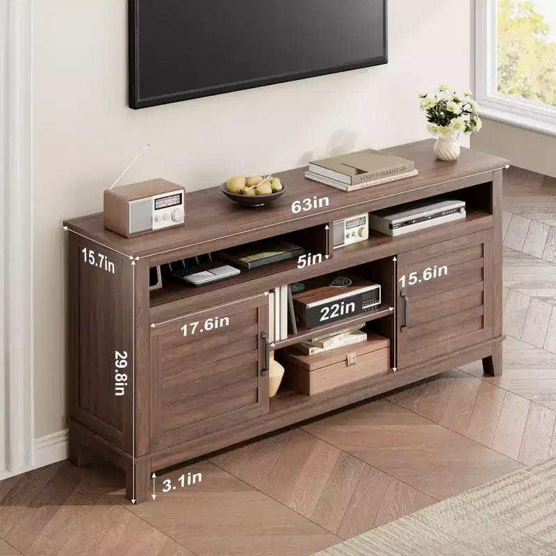 Meuble TV moderne pour téléviseur de 65 pouces, meuble à double porte semi-ouvert avec étagères réglables, meuble TV marron avec 8 compartiments de rangement