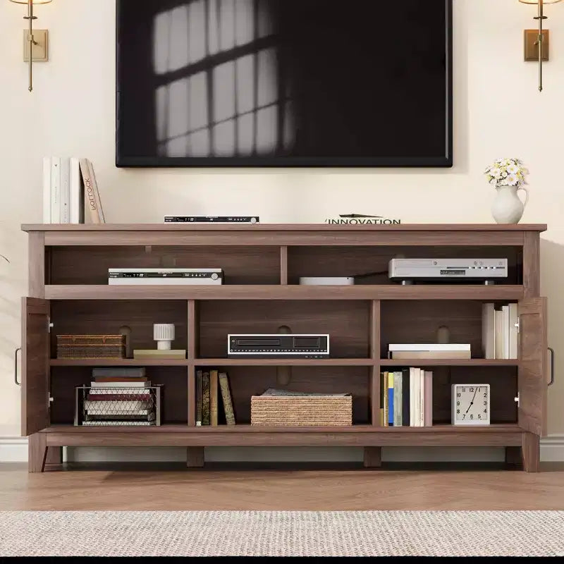Meuble TV moderne pour téléviseur de 65 pouces, meuble à double porte semi-ouvert avec étagères réglables, meuble TV marron avec 8 compartiments de rangement