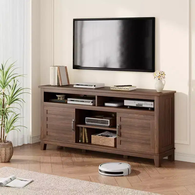 Meuble TV moderne pour téléviseur de 65 pouces, meuble à double porte semi-ouvert avec étagères réglables, meuble TV marron avec 8 compartiments de rangement
