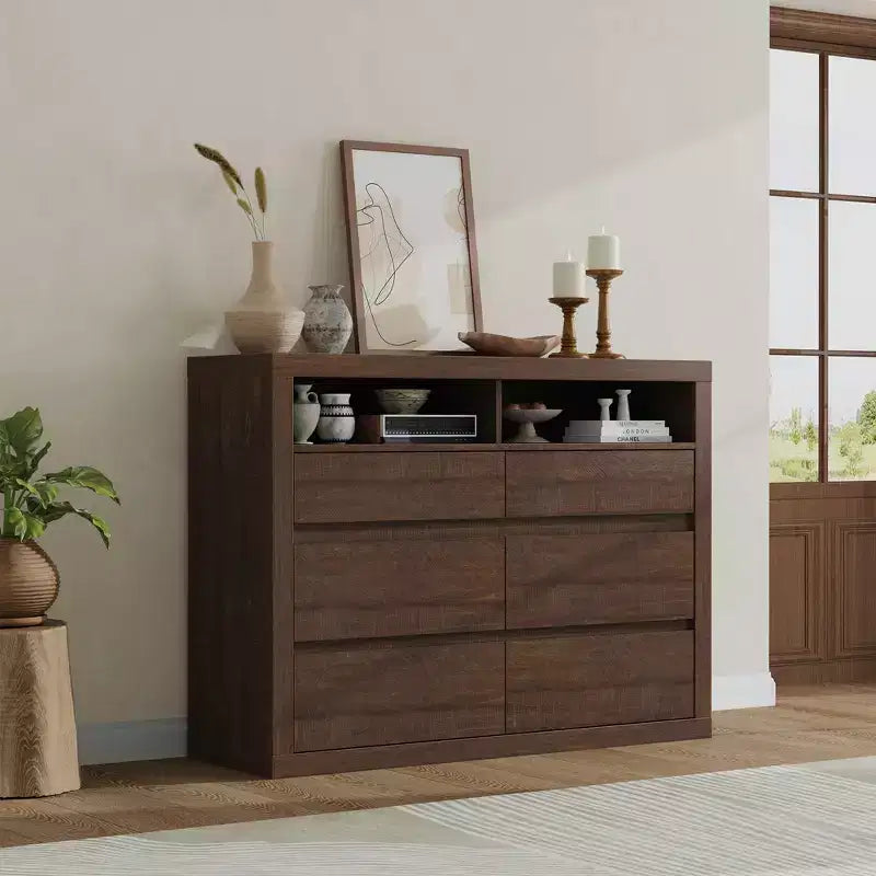 Commode 6 tiroirs pour chambre à coucher, commode moderne de style milieu de siècle avec 2 étagères ouvertes, commode double en bois de 119 cm de large, meuble TV pour placard, salon