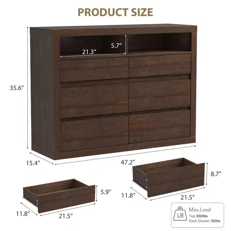 Commode 6 tiroirs pour chambre à coucher, commode moderne de style milieu de siècle avec 2 étagères ouvertes, commode double en bois de 119 cm de large, meuble TV pour placard, salon