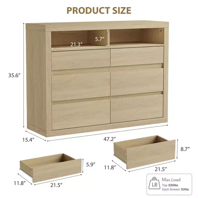 Commode 6 tiroirs pour chambre à coucher, commode moderne de style milieu de siècle avec 2 étagères ouvertes, commode double en bois de 119 cm de large, meuble TV pour placard, salon