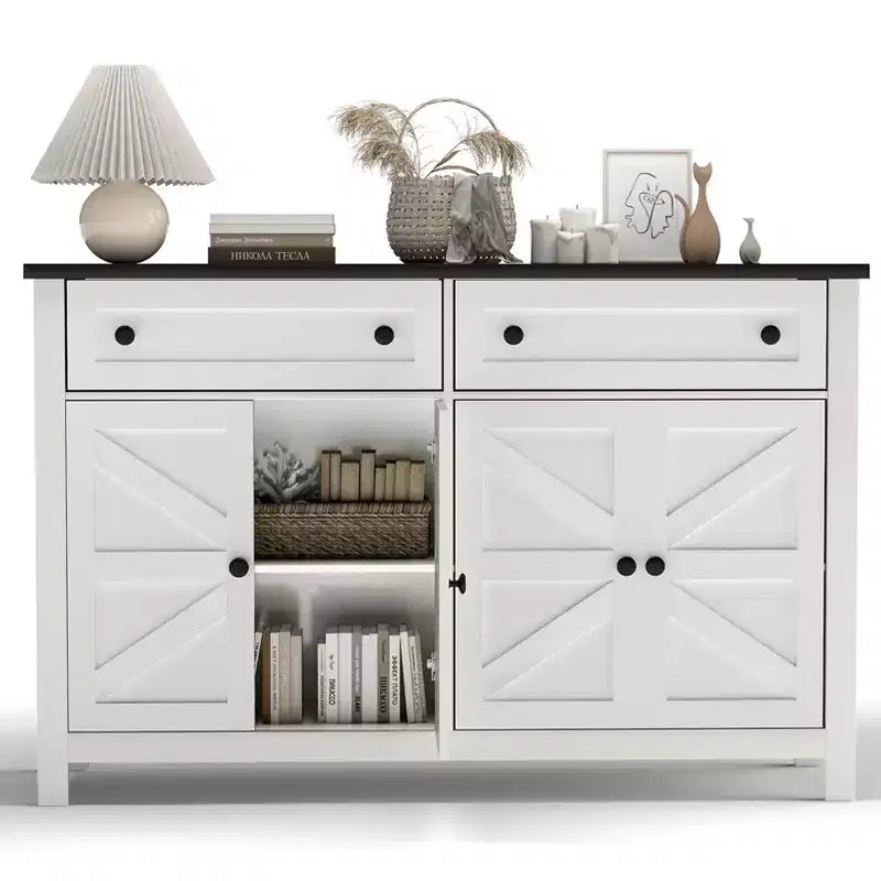 Buffet bas blanc de 139,9 cm – Meuble de rangement moderne de style champêtre avec tiroirs/portes (compatible bar à café)