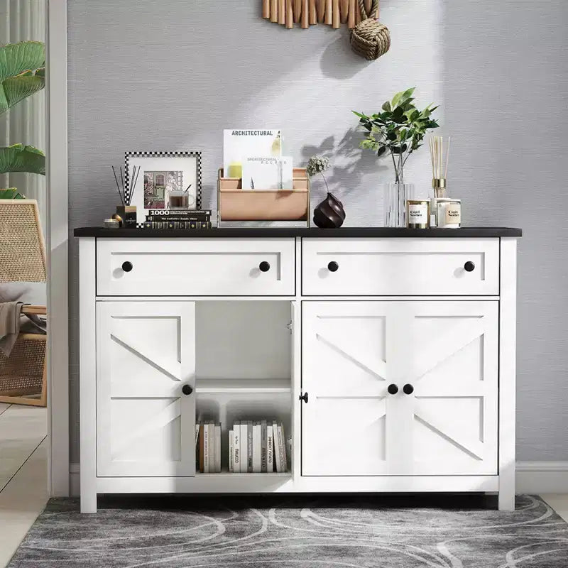 Buffet bas blanc de 139,9 cm – Meuble de rangement moderne de style champêtre avec tiroirs/portes (compatible bar à café)