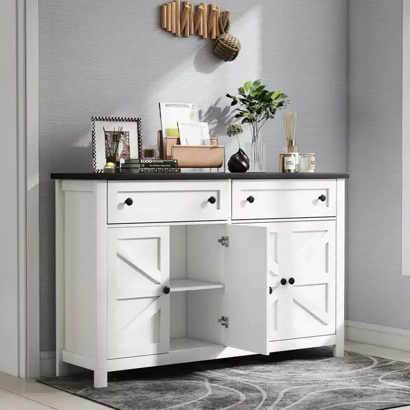 Buffet bas blanc de 139,9 cm – Meuble de rangement moderne de style champêtre avec tiroirs/portes (compatible bar à café)