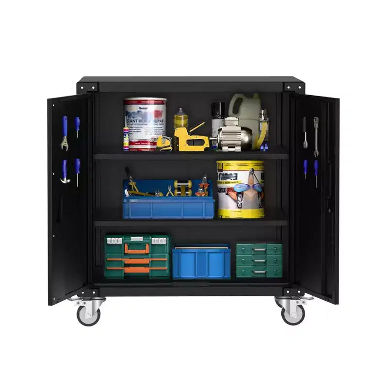Armoire à Outils, Armoire de Rangement en Métal de 90 cm avec Roues et Serrure pour Garage, Noire